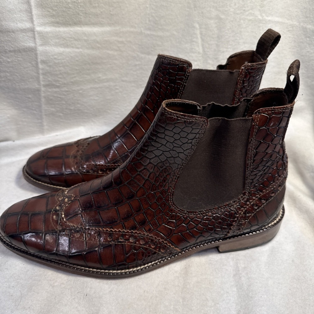 Stacy Adams Leather Tooled Croc Men's Ankle Dress Boots Burgundy Brown Sz 9.5 M